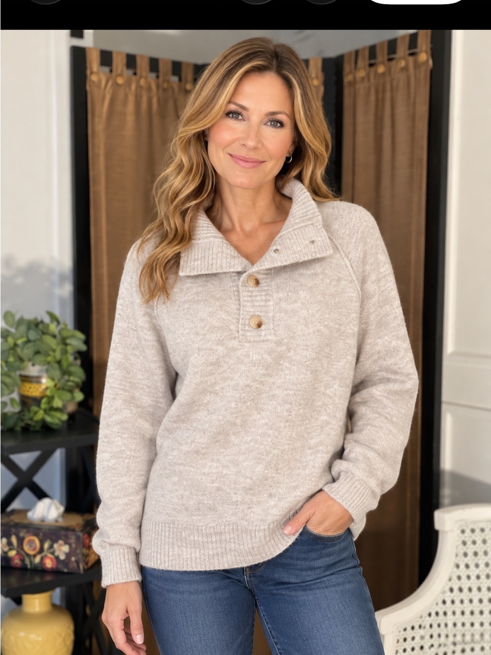 Cozy Beige Button-Up Pullover Sweater